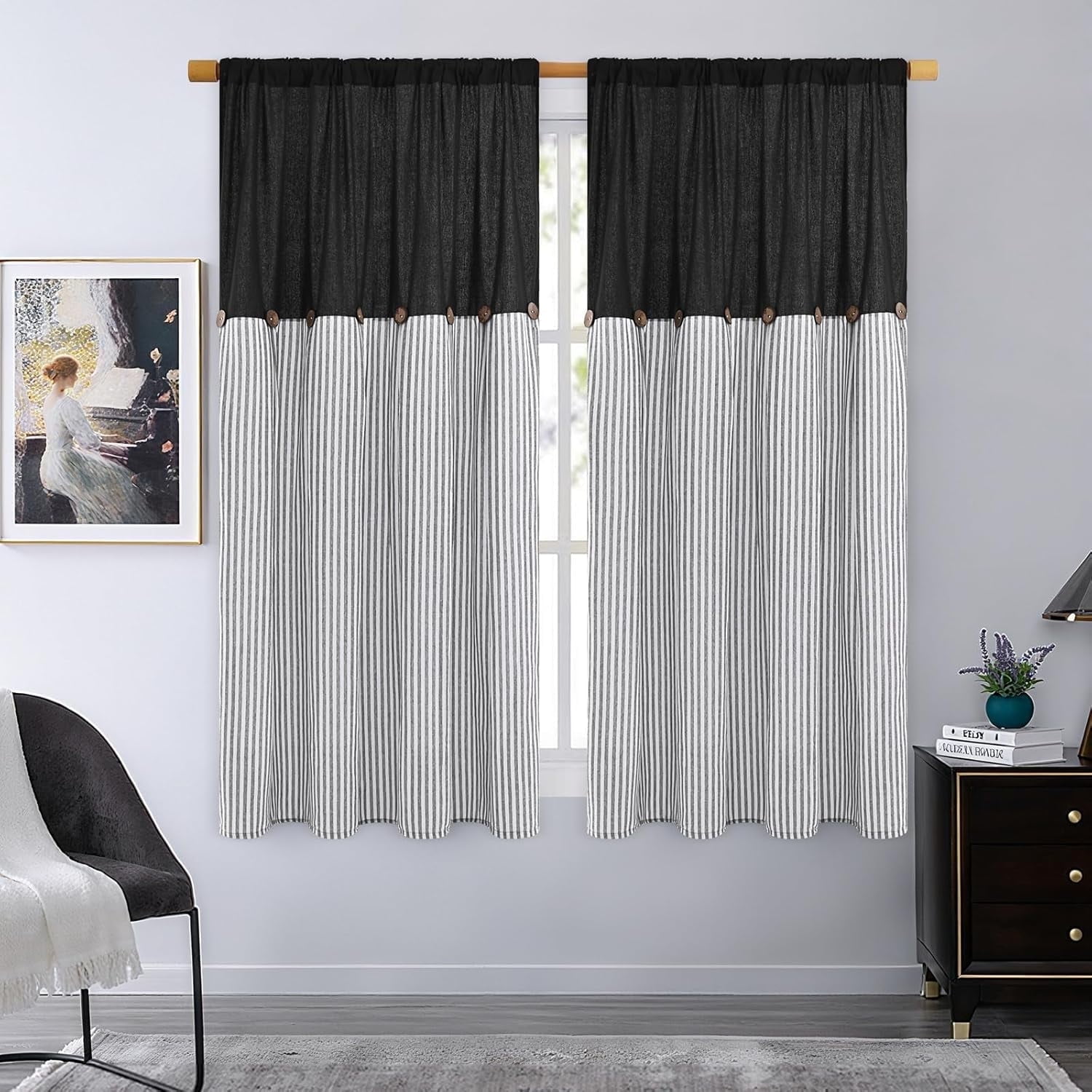 Alishomtll Farmhouse Curtains Black Stripe Cotton Linen Button Boho Rustic  Rod Pocket Back Tab Window Drapes for Living Room ,52 x 63 Inch, 2 ..., image size:1500x1500
