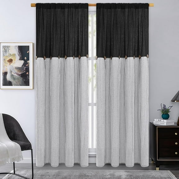 Alishomtll Farmhouse Curtains Black Stripe Cotton Linen Button Boho Rustic Rod Pocket Back Tab Window Drapes for Living Room ,52 x 84 Inch, 2 Panels,Black