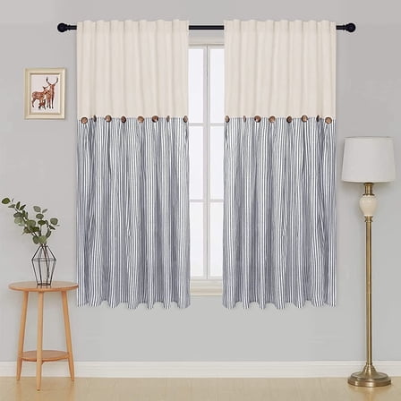 Alishomtll Farmhouse Curtains Natural Blue Stripe Cotton Linen Button Boho Rustic Rod Pocket Back Tab Window Drapes for Living Room ,52 x 63 Inch, 2 Panels