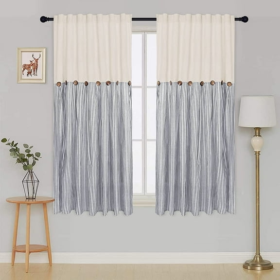 Alishomtll Farmhouse Curtains Natural Blue Stripe Cotton Linen Button Boho Rustic Rod Pocket Back Tab Window Drapes for Living Room ,52 x 63 Inch, 2 Panels