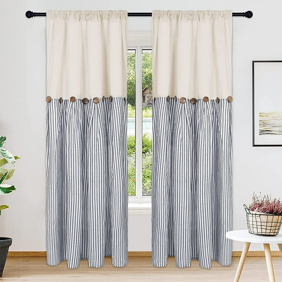 Alishomtll Farmhouse Curtains Natural Blue Stripe Cotton Linen Button Boho Rustic Rod Pocket Back Tab Window Drapes for Living Room ,52 x 84 Inch, 2 Panels