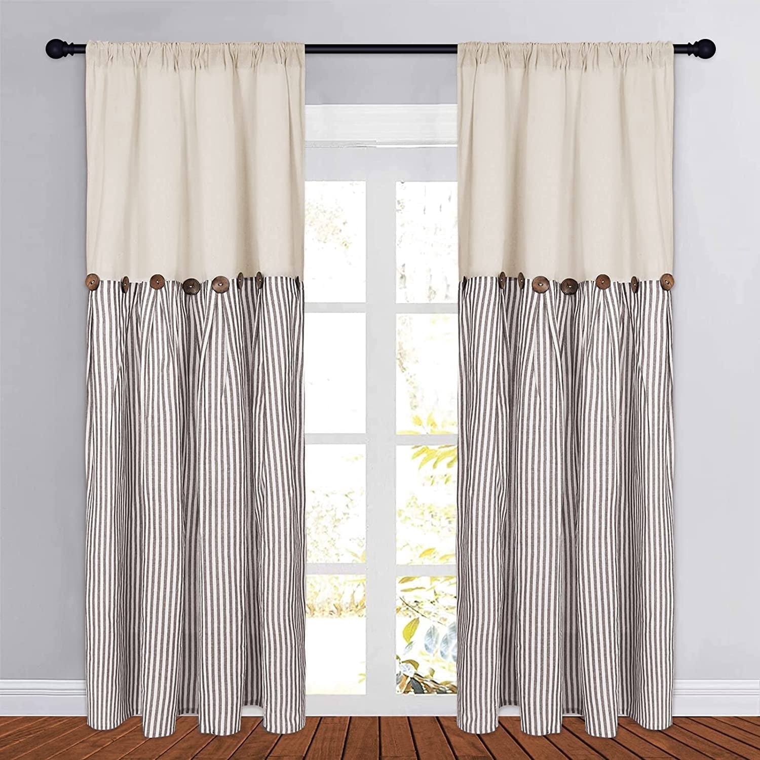Alishomtll Farmhouse Curtains Natural Brown Stripe Cotton Linen Button Boho Rustic Rod Pocket Back Tab Window Drapes for Living Room ,52 x 84 Inch, 2 Panels