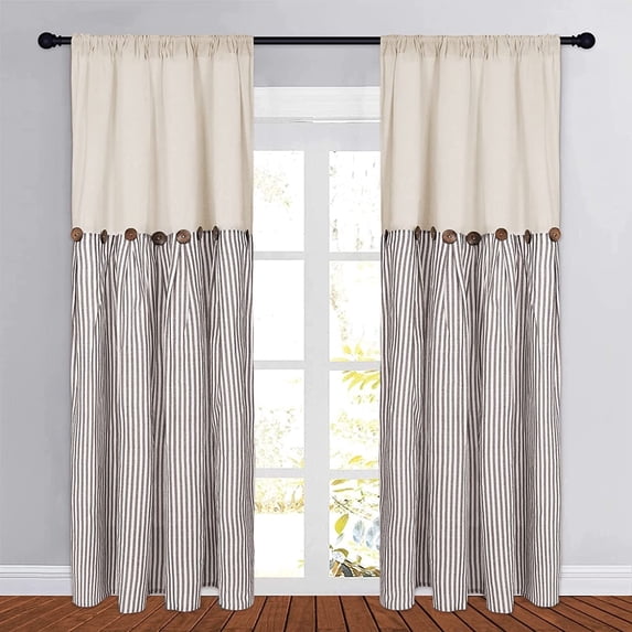 Alishomtll Farmhouse Curtains Natural Brown Stripe Cotton Linen Button Boho Rustic Rod Pocket Back Tab Window Drapes for Living Room ,52 x 84 Inch, 2 Panels
