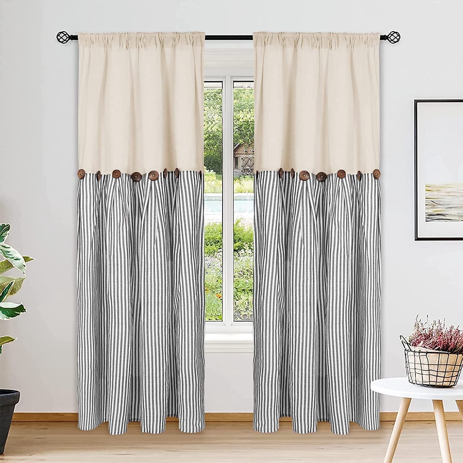 Alishomtll Farmhouse Curtains Natural Grey Stripe Cotton Linen Button Boho Rustic Rod Pocket Back Tab Window Drapes for Living Room ,52 x 84 Inch, 2 Panels
