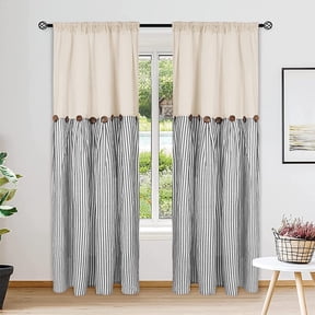 Alishomtll Farmhouse Curtains Natural Grey Stripe Cotton Linen Button Boho Rustic Rod Pocket Back Tab Window Drapes for Living Room ,52 x 84 Inch, 2 Panels