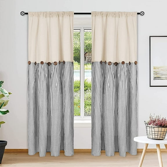 Alishomtll Farmhouse Curtains Natural Grey Stripe Cotton Linen Button Boho Rustic Rod Pocket Back Tab Window Drapes for Living Room ,52 x 84 Inch, 2 Panels