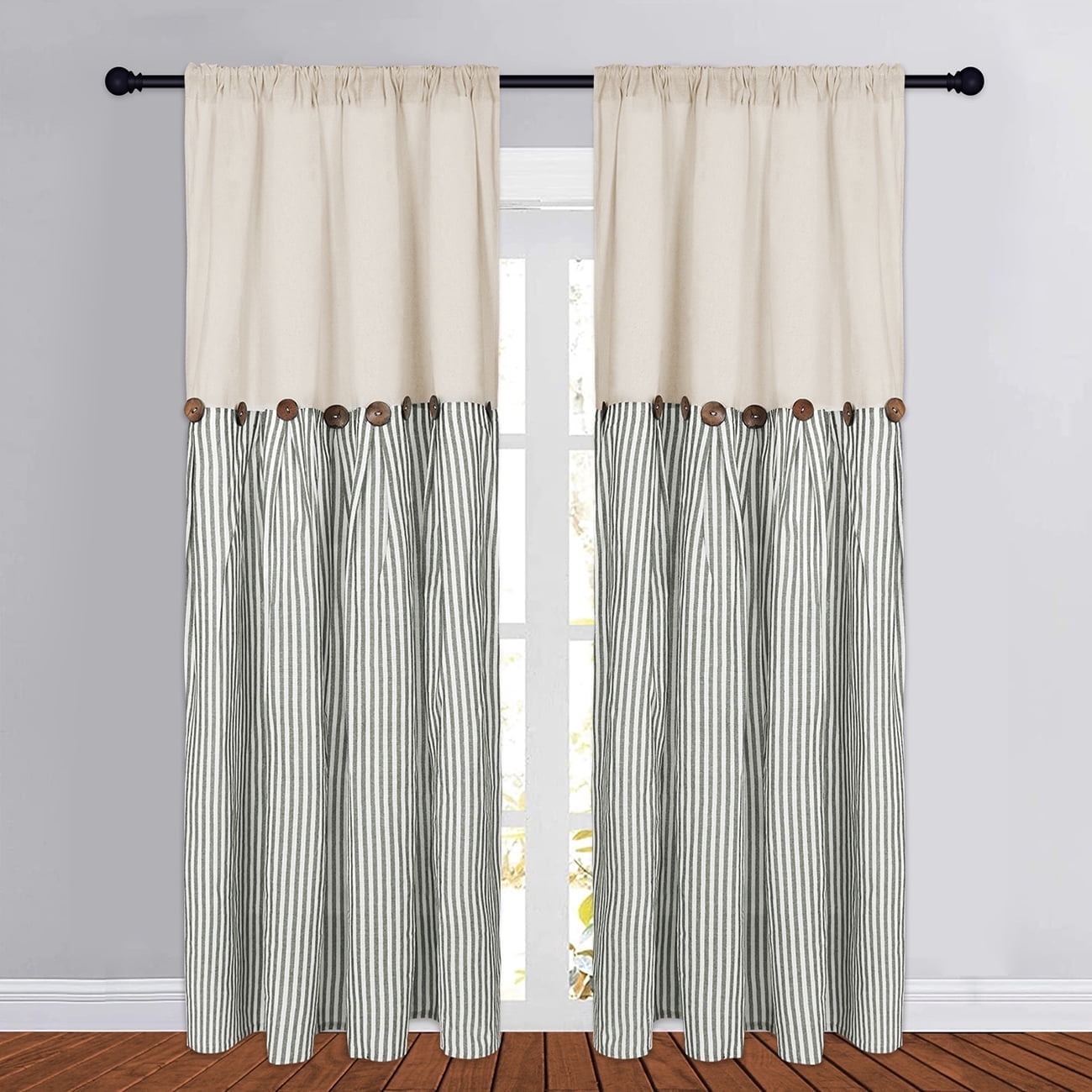 Alishomtll Farmhouse Curtains Sage Green Stripe Cotton Linen Button Boho Rustic Rod Pocket Back Tab Window Drapes for Living Room ,52 x 84 Inch, 2 Panels