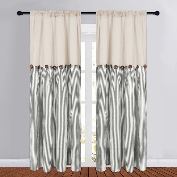Alishomtll Farmhouse Curtains Sage Green Stripe Cotton Linen Button Boho Rustic Rod Pocket Back Tab Window Drapes for Living Room ,52 x 84 Inch, 2 Panels