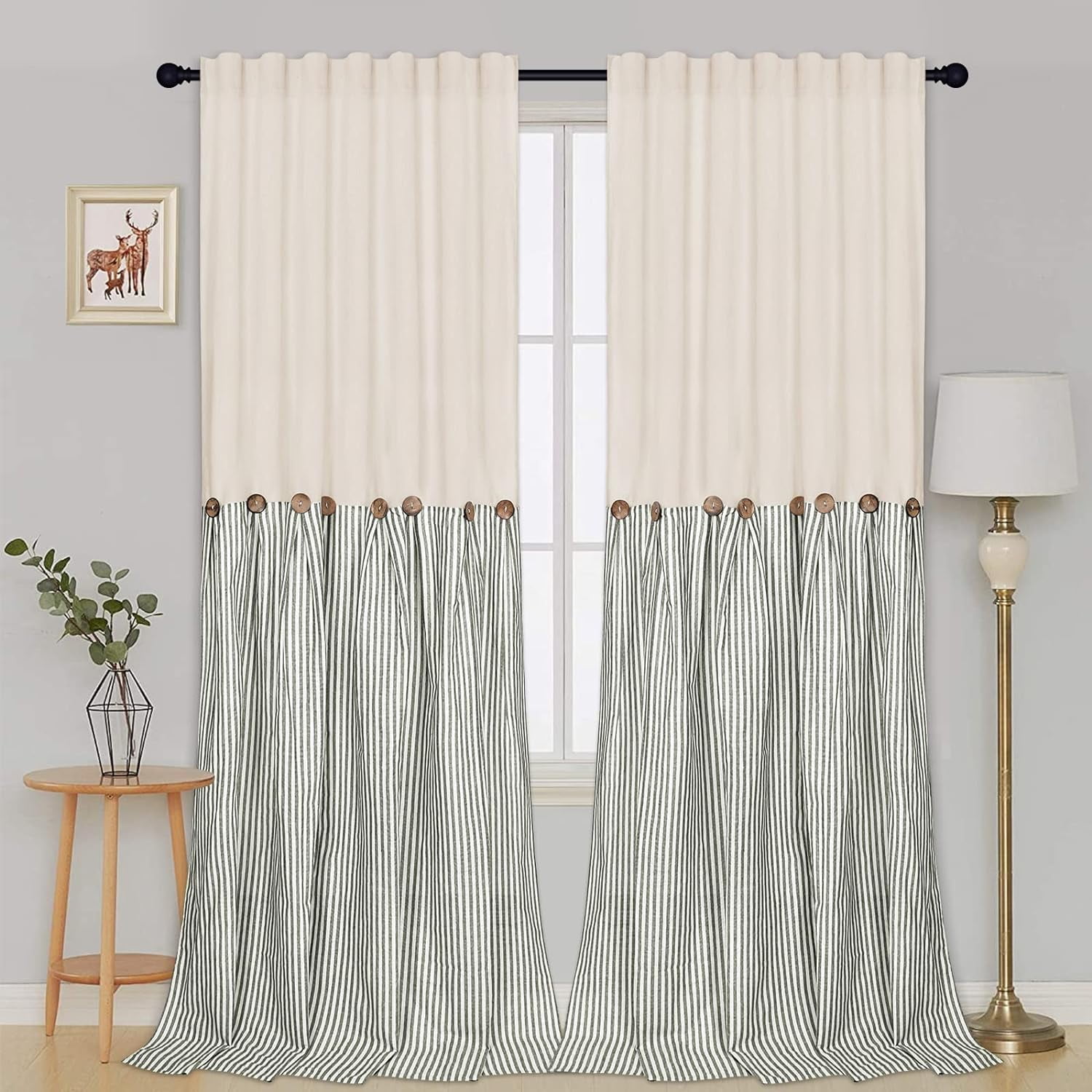 Alishomtll Farmhouse Curtains Sage Green Stripe Cotton Linen Button ...