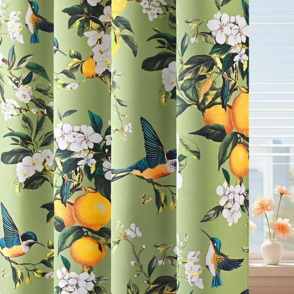 Alishomtll Floral Lemon Hummingbird Blackout Curtains Room Darkening Grommet Window Drapes for Living Room , 52" x63", ,Set of 2 Panels,Sage Green