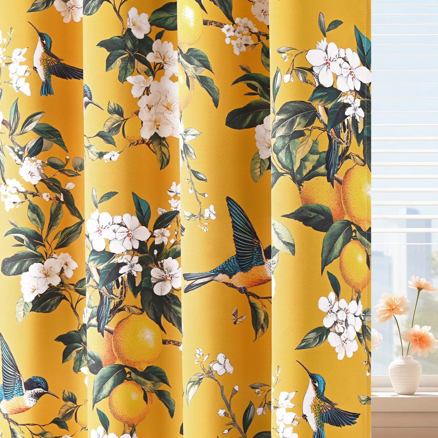 Alishomtll Floral Lemon Hummingbird Blackout Curtains Room Darkening Grommet Window Drapes for Living Room , 52" x63", ,Set of 2 Panels,Yellow