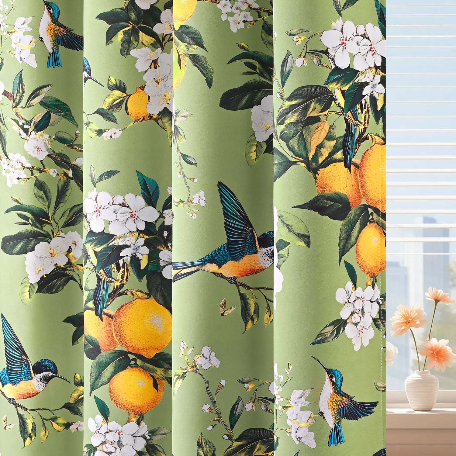 Alishomtll Floral Lemon Hummingbird Blackout Curtains Room Darkening Grommet Window Drapes for Living Room , 52" x84", ,Set of 2 Panels,Sage Green
