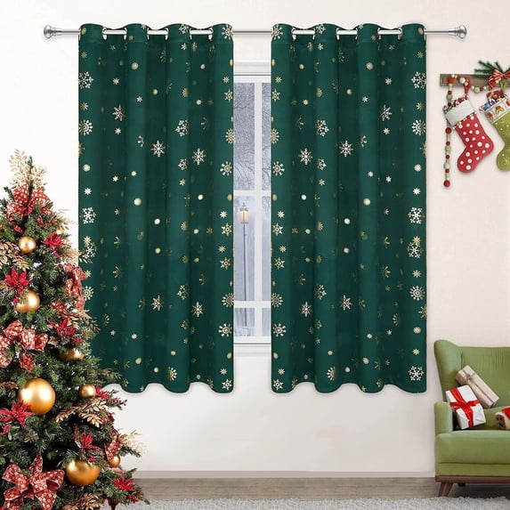 Alishomtll Gold Snowflake Foil Print Christmas Blackout Curtains, Christmas Grommet Window Curtains Drapes, 104" x 63", Green