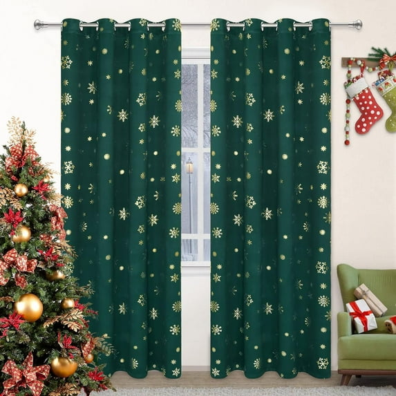 Alishomtll Gold Snowflake Foil Print Christmas Blackout Curtains, Christmas Grommet Window Curtains Drapes, 104" x 84", Green
