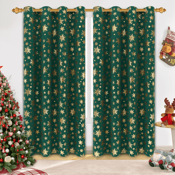 Alishomtll Green Christmas Blackout Curtains Golden Snowflake Foil Print Room Darkening Window Drapes, 52" x 84"L, Set of 2 Panels