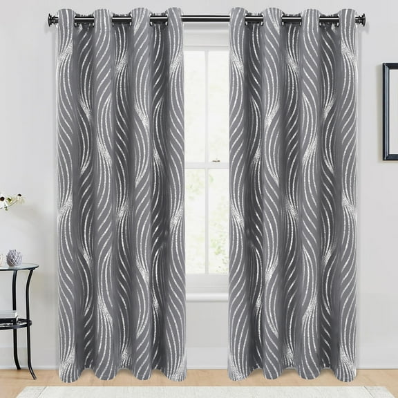 Alishomtll Grey Blackout Curtains for Living Room ,Modern Metallic Silver Wave Pattern Bedroom Thermal Insulated Drapes ,2 Panel Set,52"x84"