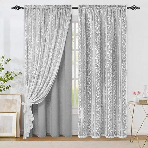 Alishomtll Grey Linen Curtains with Lace Sheer 63 Inches Long, Double Layer Light Filtering Window Drapes for Bedroom Living Room,W52 X L63,2 Panels