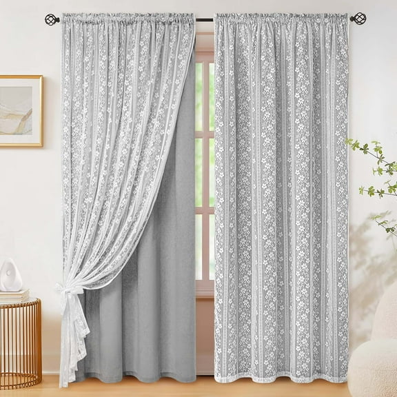 Alishomtll Grey Linen Curtains with Lace Sheer 84 Inches Long, Double Layer Light Filtering Window Drapes for Bedroom Living Room,W52 X L84,2 Panels