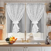 Alishomtll Grey Linen Kitchen Curtains with Lace Sheer 36 Inches Long, Double Layer Light Filtering Window Drapes ,W26 X L36,2 Panels
