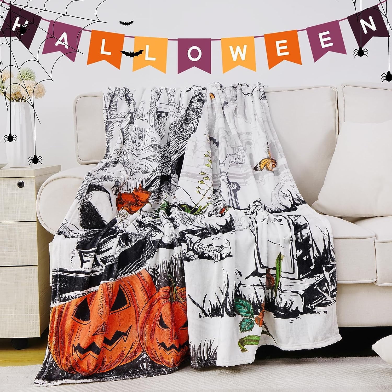 Alishomtll Halloween Blanket Pumpkins Skull Print Ultra Soft & Plush