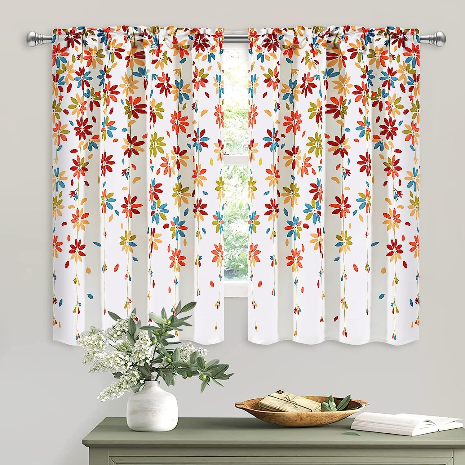 Alishomtll Kitchen Curtains 36 Inches Long Floral Print Short Tier Cafe