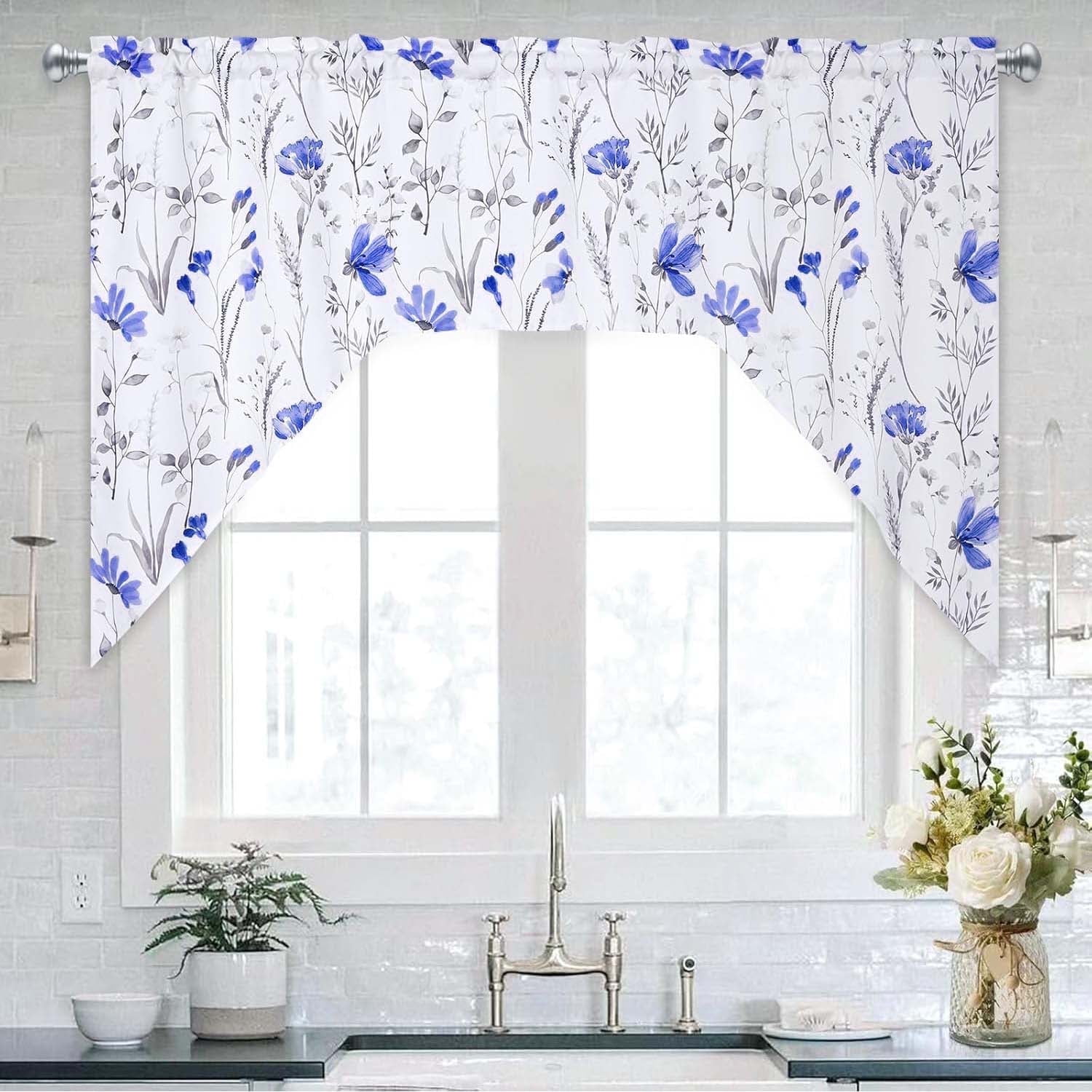Alishomtll Kitchen Curtains Blue Floral Valance Swag Curtains Watercolor Flower Window Drapes,61" W x 36" L,Rod Pocket