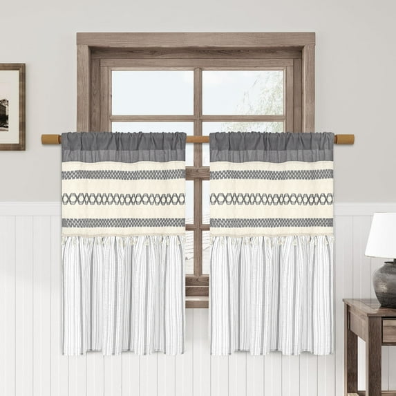 Alishomtll Boho Linen Kitchen Curtains 36 Inches Long Farmhouse Rustic Striped Cafe Curtains Tier Light Filtering Macrame Burlap ,Rod Pocket ,Gray ,with Tassel