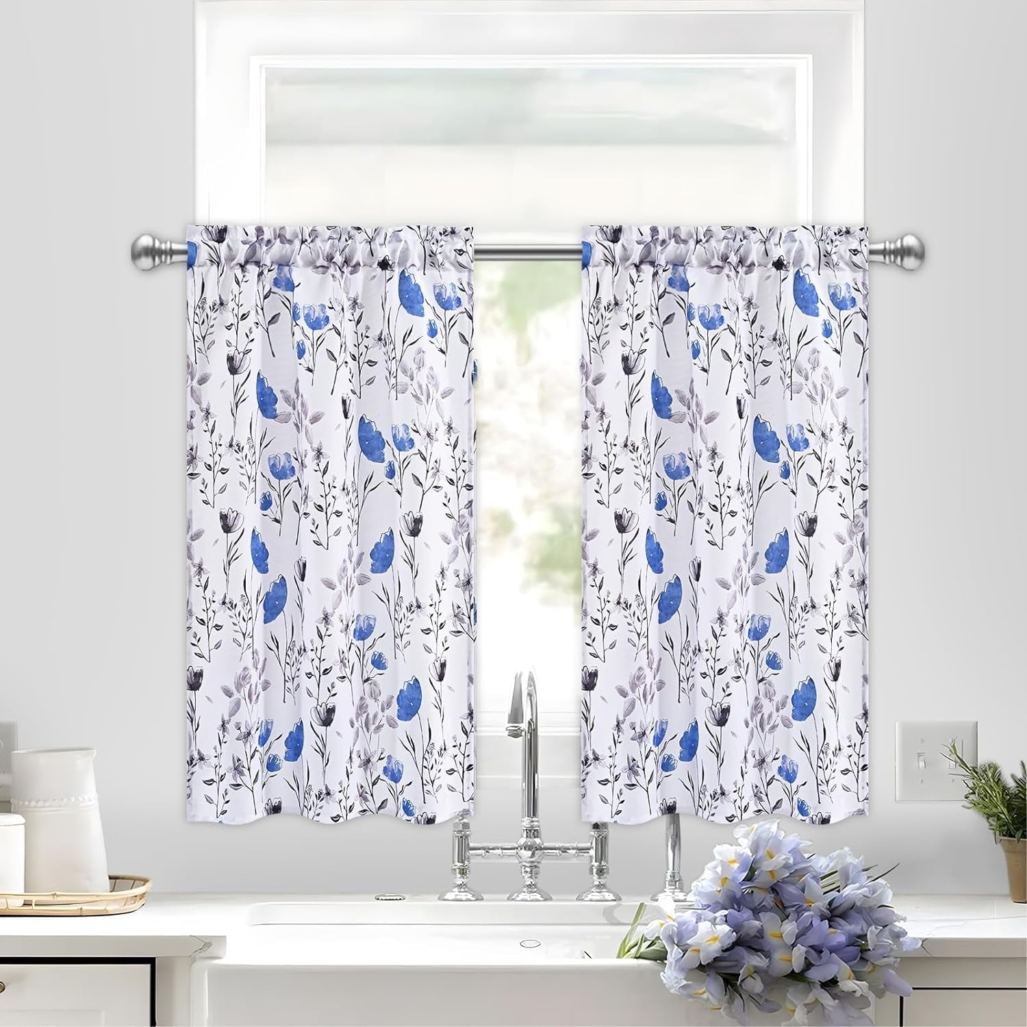 Renaiss 26 X 45 Inch Short Linen Curtains - Farmhouse Blue Floral Print, Back Tab & Rod Pocket, 2 Panels For Kitchen, Bathroom, Tier Curtains - View #6