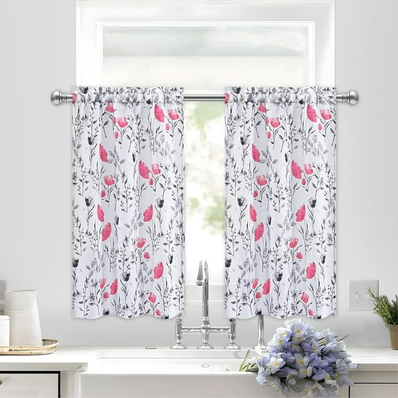 Alishomtll Kitchen Curtains Floral Print Tier Curtains Sets Light Filtering Small Window Drapes Rod Pocket ,26"Wx36"L,2 Panels,Hot Pink