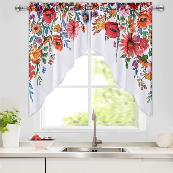 Alishomtll Kitchen Curtains Swags for Windows Blossom Floral Printed Window Drapes,28" W x 36" L,2 Panels,Rod Pocket,White