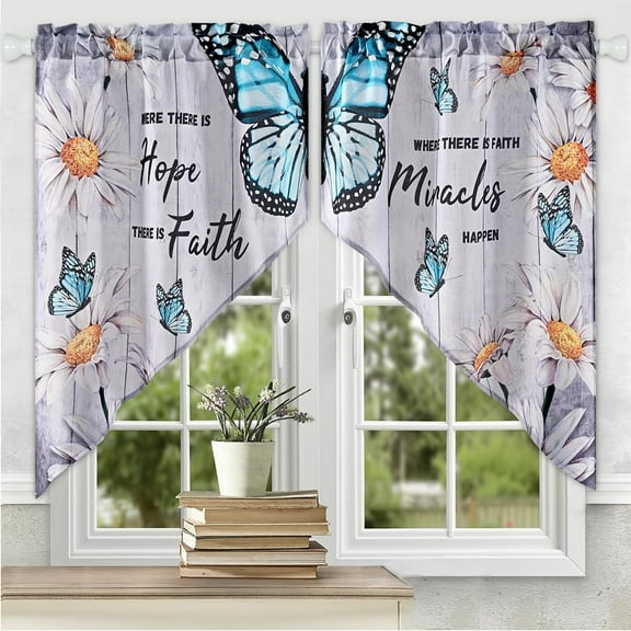 Alishomtll Kitchen Curtains Swags for Windows Butterfly Floral Printed Window Drapes,28" W x 36" L,2 Panels,Rod Pocket,Gray