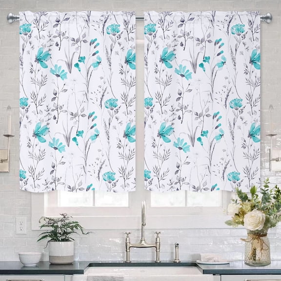 Alishomtll Kitchen Curtains Teal Floral Light Filtering Small Window Kitchen Curtains Sets ,26"Wx36"L,2 Panels,Rod Pocket