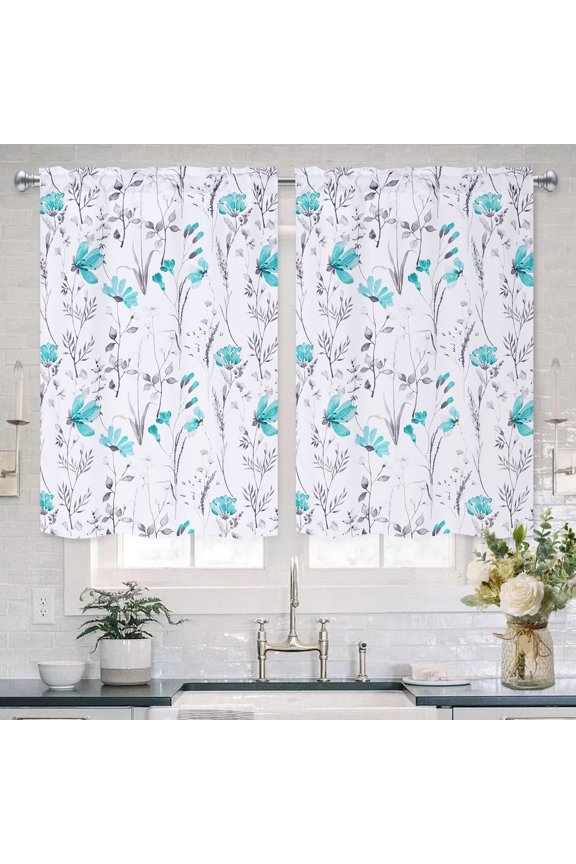 Kitchen Curtains Teal Floral Light Filtering Small Window Kitchen Curtains Sets ,26"Wx36"L,2 Panels,Rod Pocket