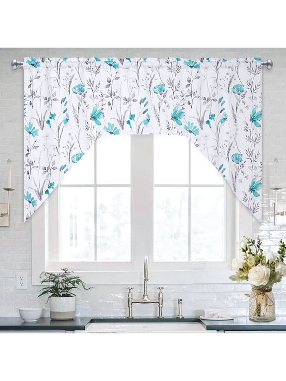Kitchen Curtains Teal Floral Valance Swag Curtains Watercolor Flower Window Drapes,61" W x 36" L,Rod Pocket