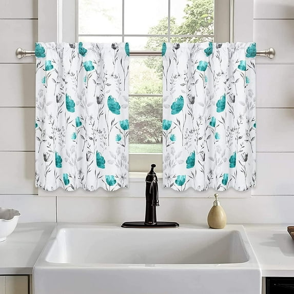 Alishomtll Modern Teal Floral Watercolor Rod Pocket Light Filtering Curtains, 26" x 24", 2 Panels