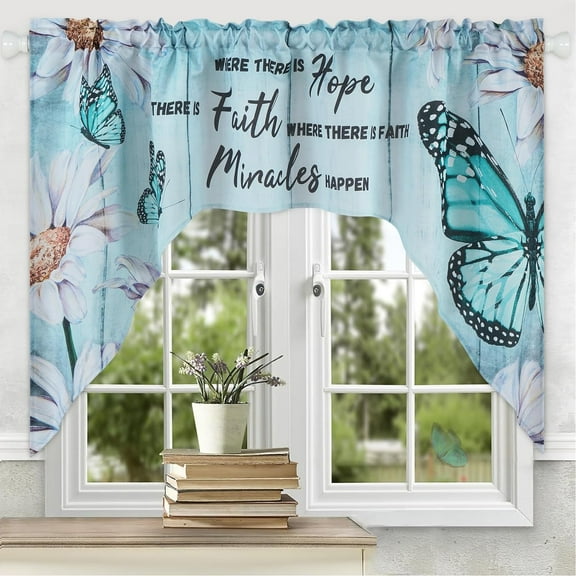 Alishomtll Kitchen Curtains Valances Swags for Windows Butterfly Floral Printed Window Drapes,61" W x 36" L,Rod Pocket,Teal