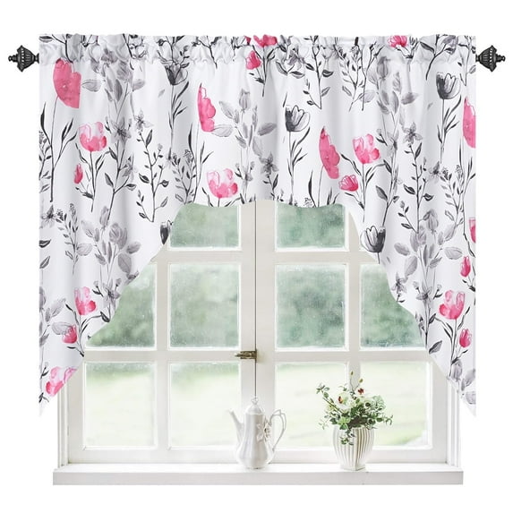 Alishomtll Modern Pink Floral Country Rod Pocket Light Filtering Kitchen Valances, 60" x 36"
