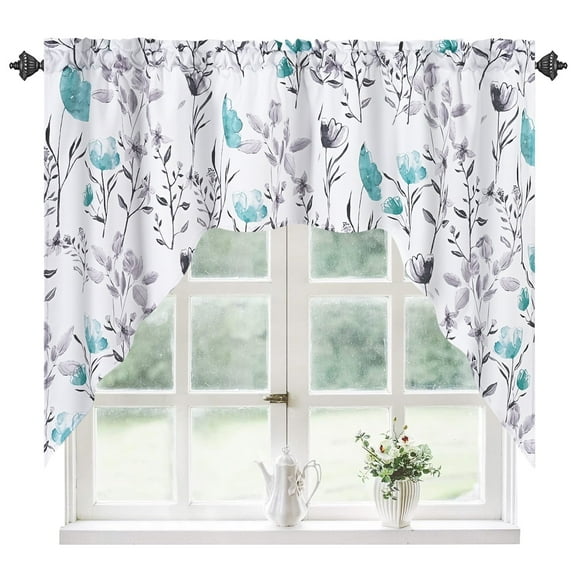 Alishomtll Printed Rod Pocket Window Drapes Teal Floral Kitchen Curtains, 61" x 36" (2 Panels)