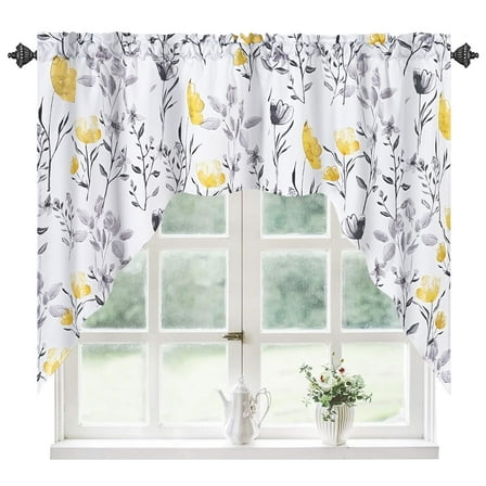 Alishomtll Kitchen Curtains Valances Swags for Windows Yellow Floral Printed Window Drapes, 61" W x 36"