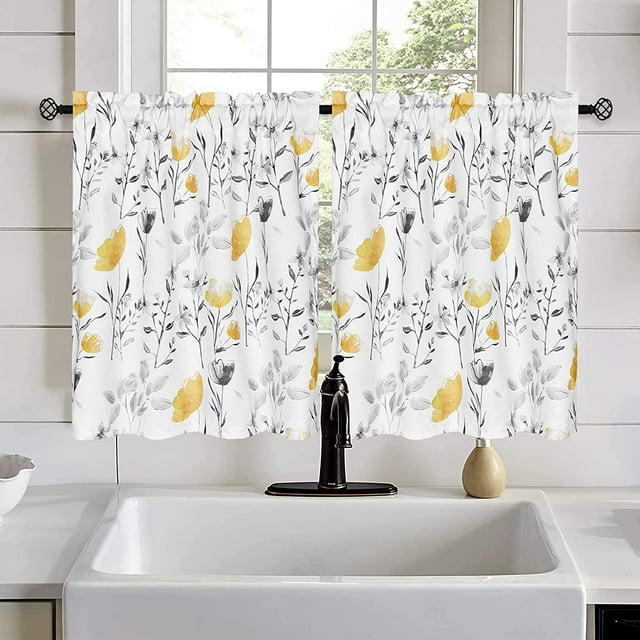 Alishomtll Kitchen Curtains Yellow Floral Watercolor Print Tier