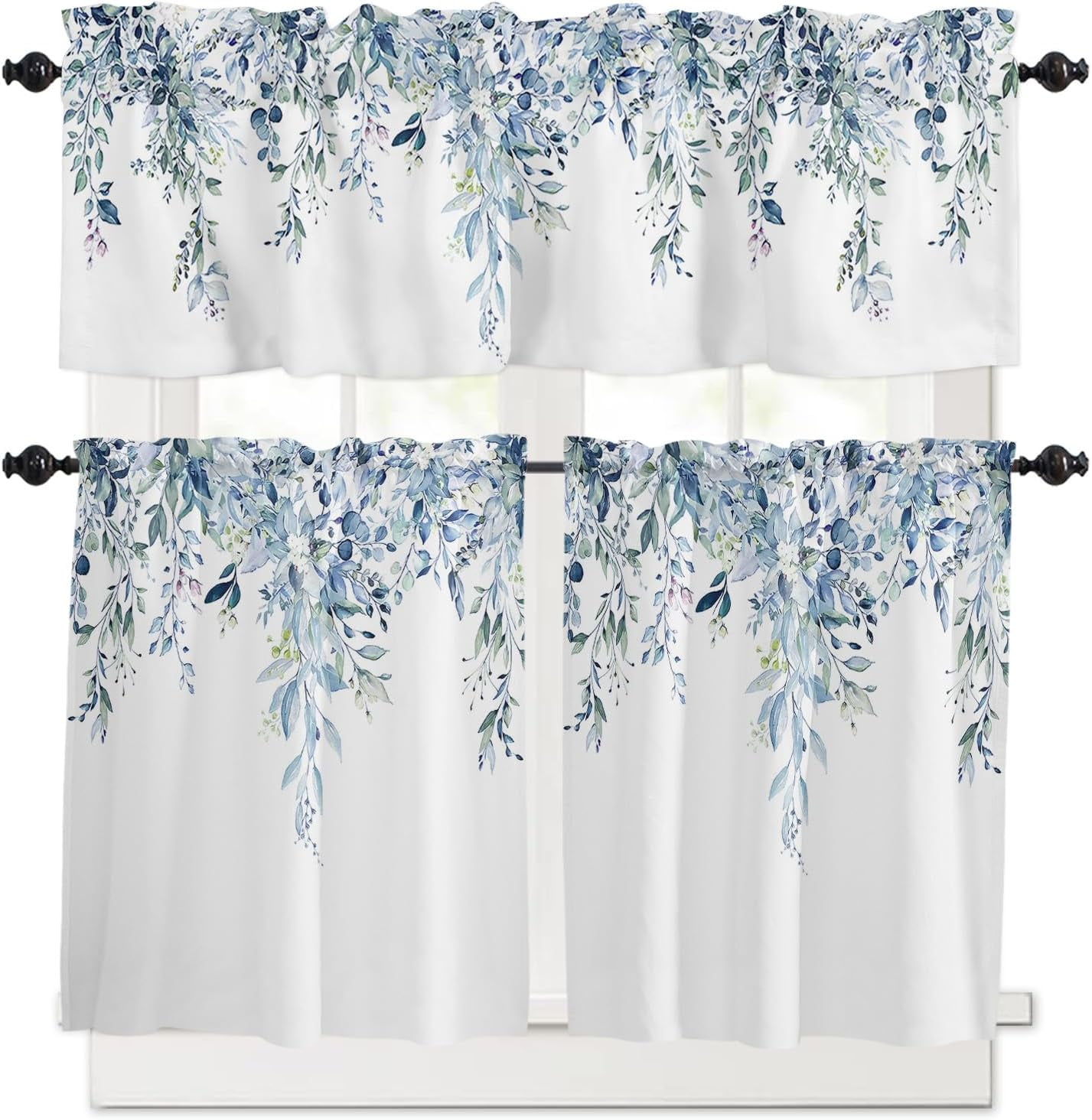 Alishomtll Kitchen Curtains and Valances Sets Blue Floral Print Kitchen ...