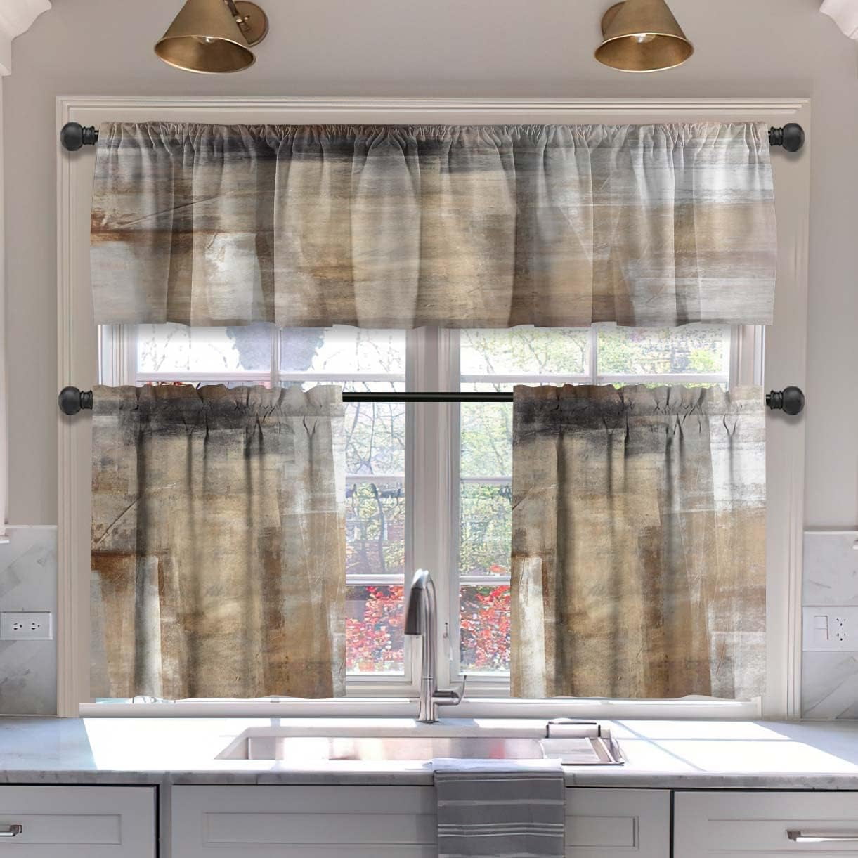 Alishomtll Kitchen Curtains and Valances Sets Brown Red Rod Pocket
