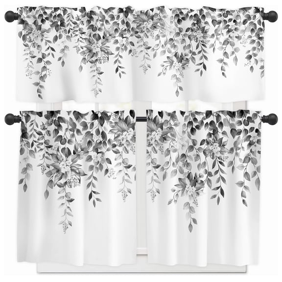 Alishomtll Kitchen Curtains and Valances Sets Grey Floral Print Kitchen Curtains 3 Piece Set 36 Inches Long,Rod Pocket