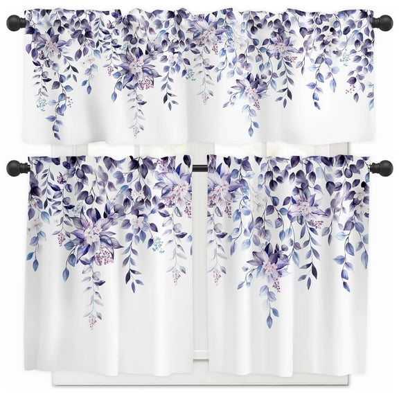 Alishomtll Kitchen Curtains and Valances Sets Purple Floral Print Kitchen Curtains 3 Piece Set 36 Inches Long,Rod Pocket
