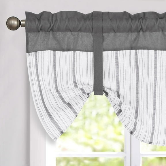 Alishomtll Boho Linen Tie Up Valance Curtains 18 Inches Long Farmhouse Rustic Striped Window Drapes Macrame Burlap ,Rod Pocket ,Gray ,with Tassel