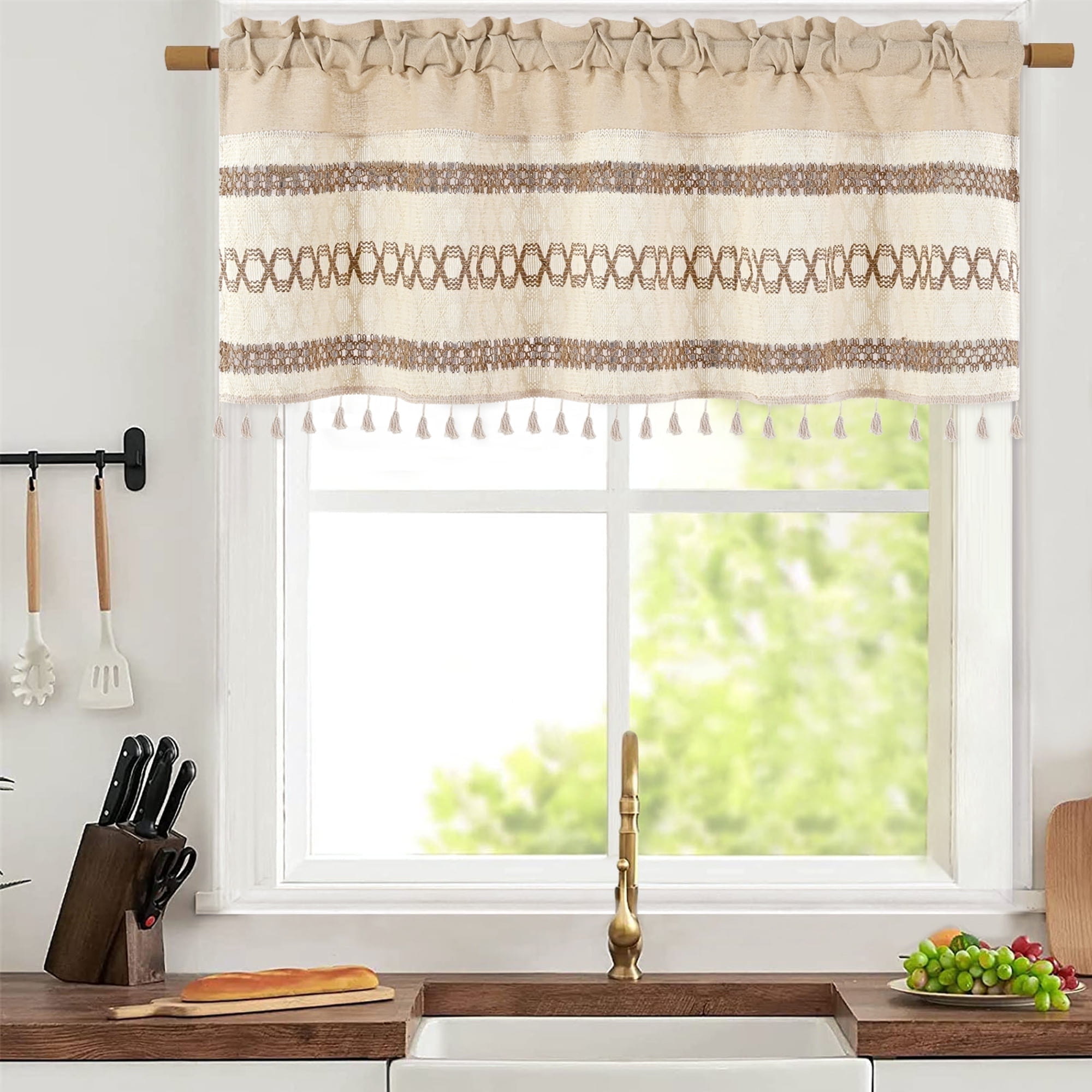 Alishomtll Boho Linen Valance Curtains 18 Inches Long Farmhouse Rustic Striped Window Drapes Macrame Burlap,Rod Pocket ,Beige ,with Tassel
