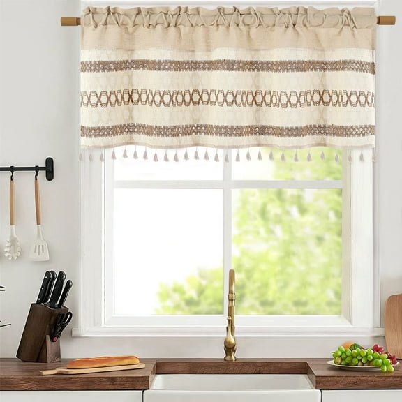Alishomtll Boho Linen Valance Curtains 18 Inches Long Farmhouse Rustic Striped Window Drapes Macrame Burlap,Rod Pocket ,Beige ,with Tassel