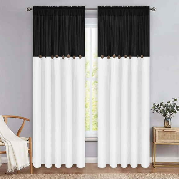 Alishomtll Linen Curtains Farmhouse Boho Button Light Filtering Window Drapes For Living Room Bedroom,Rod Pocket,84"L x 52"W, 2 Panel,Black White