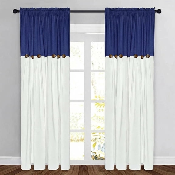 Alishomtll Linen Curtains Farmhouse Boho Button Light Filtering Window Drapes For Living Room Bedroom,Rod Pocket,84"L x 52"W, 2 Panel,Blue White