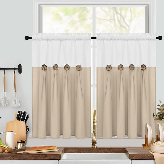 Alishomtll Linen Farmhouse White Boho Button Solid Print Rod Pocket Light Filtering Curtains, 26" x 36" (2 Panels)